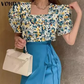 VONDA Летние женские топы с квадратным вырезом и цветочным принтом с пышными рукавами