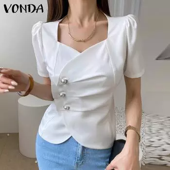 VONDA Летняя элегантная женская блузка с квадратным вырезом и пышными рукавами, нерегулярный подол