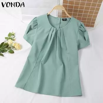 VONDA летняя повседневная женская плиссированная однотонная блузка с круглым вырезом и короткими рукавами M синий