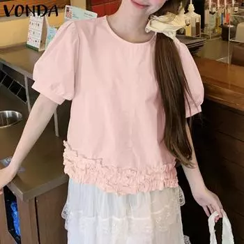 VONDA Летняя женская блузка с круглым вырезом, пышными рукавами, однотонная, повседневная, с оборкой по низу