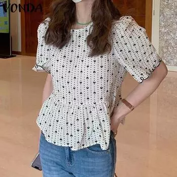 VONDA летняя женская блузка с круглым вырезом и короткими рукавами с принтом в виде сердца любви