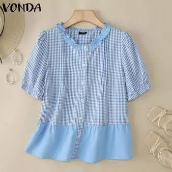 VONDA Летняя женская блузка с пышными рукавами, пэчворк, в клетку, с нашивками 2XL