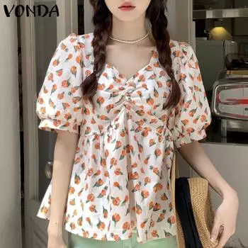 VONDA Летняя женская блузка с v-образным вырезом и пышными рукавами с цветочным принтом