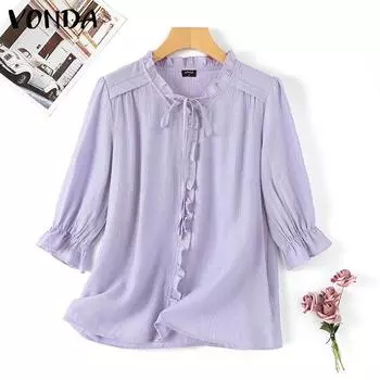VONDA летняя женская однотонная повседневная рубашка с v-образным вырезом и деревянным краем, рукавом 3/4