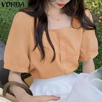 VONDA летняя женская однотонная рубашка на пуговицах с квадратным вырезом и короткими рукавами