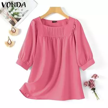 VONDA летняя женская однотонная свободная блузка в полоску с круглым вырезом и половиной рукавов S розовый