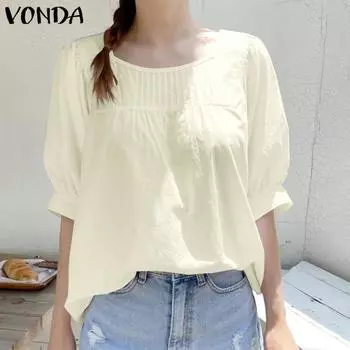 VONDA летняя женская однотонная свободная блузка в полоску с круглым вырезом и половиной рукавов S розовый