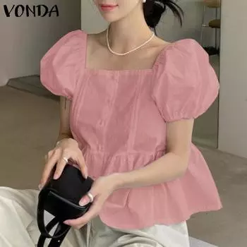 VONDA летняя женская плиссированная повседневная рубашка с квадратным воротником и пузырьковыми рукавами