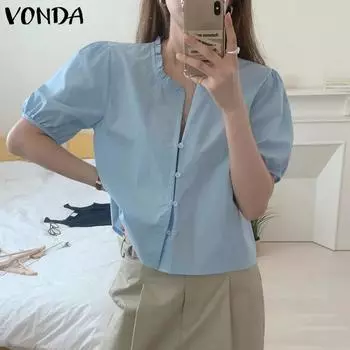 VONDA летняя женская повседневная блузка с круглым вырезом, рюшами и рукавами и пуговицами