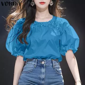 VONDA Летняя женская повседневная блузка с круглым вырезом и рукавами-фонариками в стиле пэчворк S оранжевый