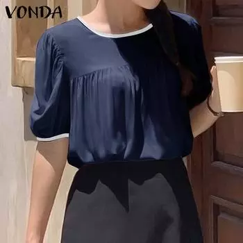 VONDA летняя женская повседневная цветная свободная блузка с круглым вырезом и короткими рукавами