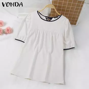 VONDA летняя женская повседневная цветная свободная блузка с круглым вырезом и короткими рукавами S белый