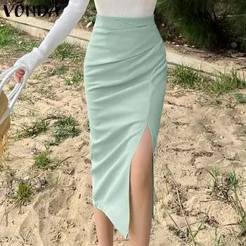 VONDA летняя женская повседневная однотонная полуюбка со складками и разрезом на талии