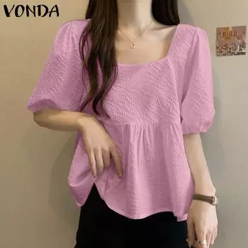 VONDA летняя женская повседневная однотонная рубашка с квадратным воротником и пышными рукавами