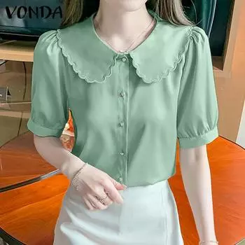 VONDA летняя женская повседневная рубашка с короткими рукавами и круглым вырезом с отделкой «собачьи зубы»