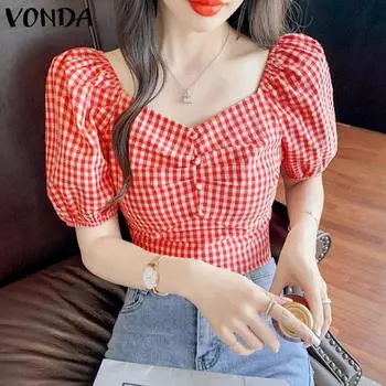 VONDA летняя женская повседневная рубашка в клетку с квадратным воротником и пузырьковыми рукавами на шнурке S зелёный
