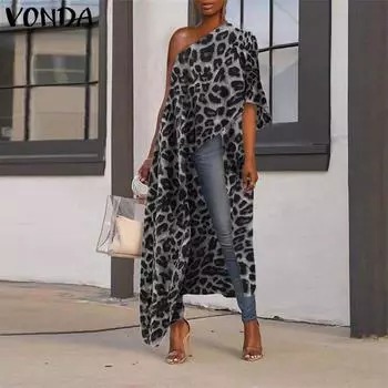 VONDA Лето-весна женская мода леопардовый принт сексуальные длинные топы с открытыми плечами неровный подол повседневная свободная блузка плюс размер футболки