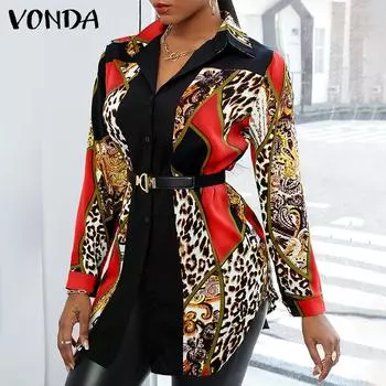 VONDA осенние тонкие женские модные офисные рубашки с цветочным принтом, повседневная блузка с длинными рукавами и воротником с лацканами, свободные топы с асимметричным краем, большие размеры XL жёлтый