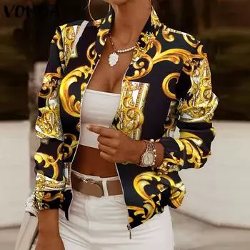 VONDA осенние женские модные мини-куртки с принтом и длинными рукавами, винтажные плиссированные повседневные короткие пальто на молнии, верхняя одежда больших размеров