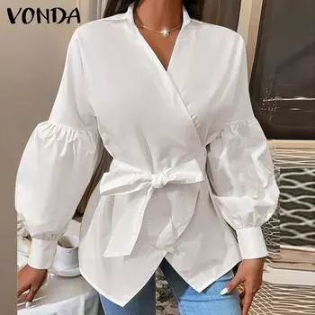 VONDA Осенняя женская блузка с длинным рукавом и глубоким V-образным вырезом на шнуровке
