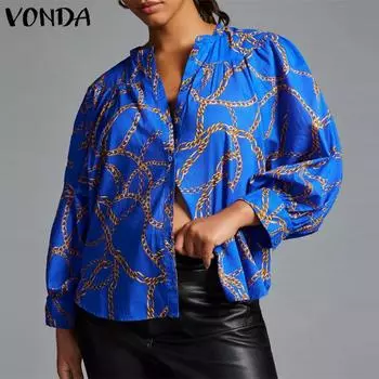 VONDA Плюс Размер Осенняя женская блузка с длинным рукавом с цветочным принтом 4XL синий