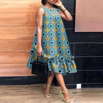 VONDA Плюс Размер Женское Летнее Без Рукавов Цветочный Принт Оборками Повседневное Платье-Туника 4XL синий