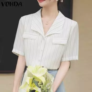 VONDA Полосатые женские повседневные свободные рубашки с короткими рукавами