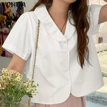 VONDA повседневные свободные однотонные женские рубашки с короткими рукавами и топы
