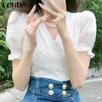 VONDA Puff с короткими рукавами и V-образным вырезом женские летние элегантные повседневные топы