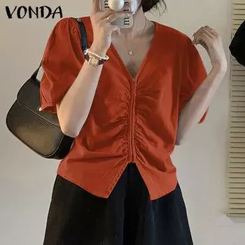 VONDA Puff с короткими рукавами Женские плиссированные повседневные топы