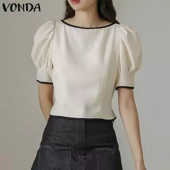 VONDA Puff с короткими рукавами Женские повседневные свободные топы на шнуровке