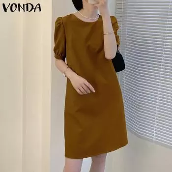 VONDA S-5XL Летнее женское модное плиссированное мини-платье с пышными рукавами, однотонное повседневное свободное короткое платье с круглым вырезом, большие размеры, Vestidos