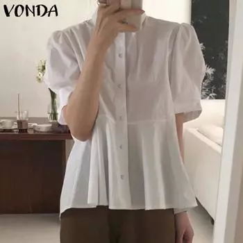 VONDA S-5XL летние женские модные блузки с короткими рукавами и лацканами на пуговицах, рубашки, повседневные однотонные плиссированные топы