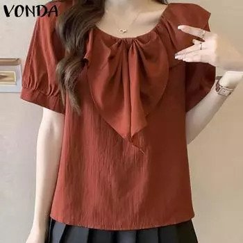 VONDA с коротким рукавом и круглым вырезом женские летние повседневные свободные топы