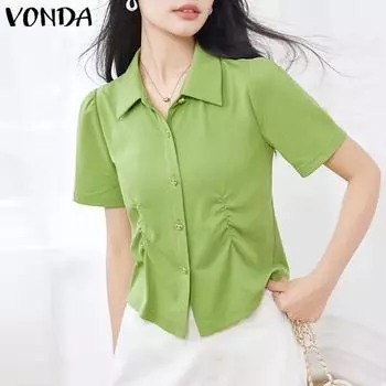 VONDA с коротким рукавом женские летние повседневные тонкие рубашки топы