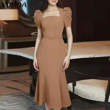 VONDA с квадратным вырезом женское пышное вечернее свободное длинное платье с короткими рукавами