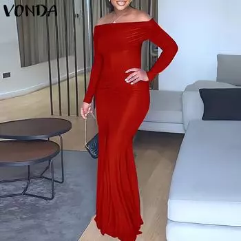VONDA с открытыми плечами женское элегантное вечернее тонкое платье макси с длинными рукавами