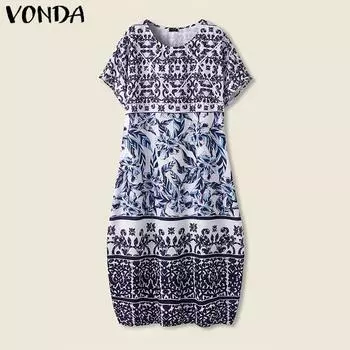 VONDA синее женское праздничное длинное платье с коротким рукавом и цветочным принтом