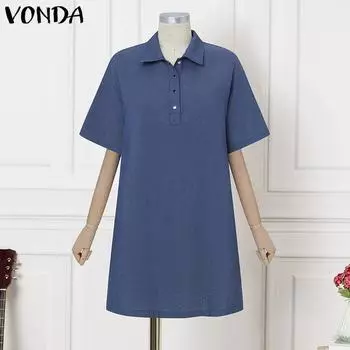 VONDA Summer Women Buttons Lapel Neck Faux Demin Blue Casual Mini Dress 4XL чёрный