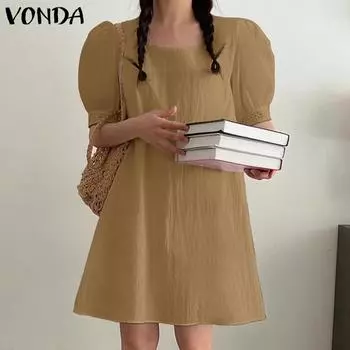 VONDA Летние женские повседневные свободные платья с квадратным вырезом и коротким рукавом, кружевные однотонные свободные платья S жёлтый