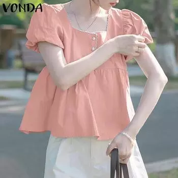 VONDA Летние женские повседневные свободные блузки с квадратным вырезом и короткими рукавами 5XL оранжевый