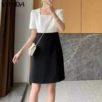 VONDA Летнее женское повседневное свободное платье с квадратным вырезом и коротким рукавом 5XL чёрный