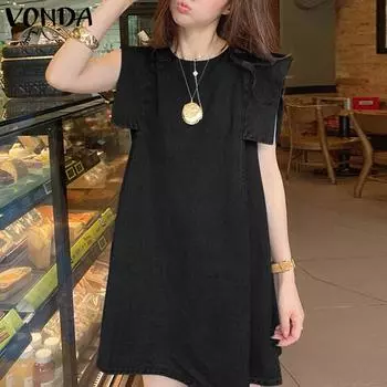 VONDA Summer Women Irregular Sleeveless Faux Demin Blue Casual Tunic Ruffled Dress 4XL чёрный