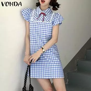 VONDA Summer Women Lapel Neck Sleeveless Plaid Print Casual Loose Dress Sundress 3XL синий