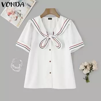 VONDA Summer Women Navy Neck Short Sleeve Stitching Striped Buttons Casual Blouse Tops S белый