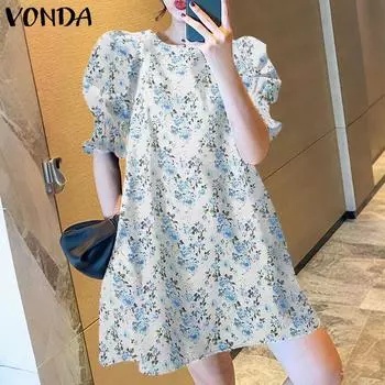 VONDA Summer Women O-neck Puff Sleeve Zip-up Floral Print Casual Tunic Sundress S жёлтый