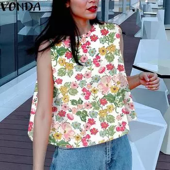 VONDA Summer Women O-neck Sleeveless Floral Print Casual Holiday Tank Tops 2XL белый