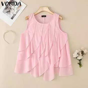 VONDA Summer Women O Neck Sleeveless Layers Pleated Casual Tank Tops S