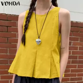 VONDA Summer Women O Neck Sleeveless Pleated Casual Tank Tops L жёлтый