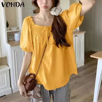 VONDA Summer Women Puff Sleeve Ruched Casual High Low Blouse Tops S жёлтый